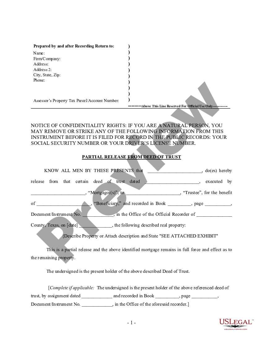 Travis Texas Partial Release Of Property From Deed Of Trust For Individual Us Legal Forms 