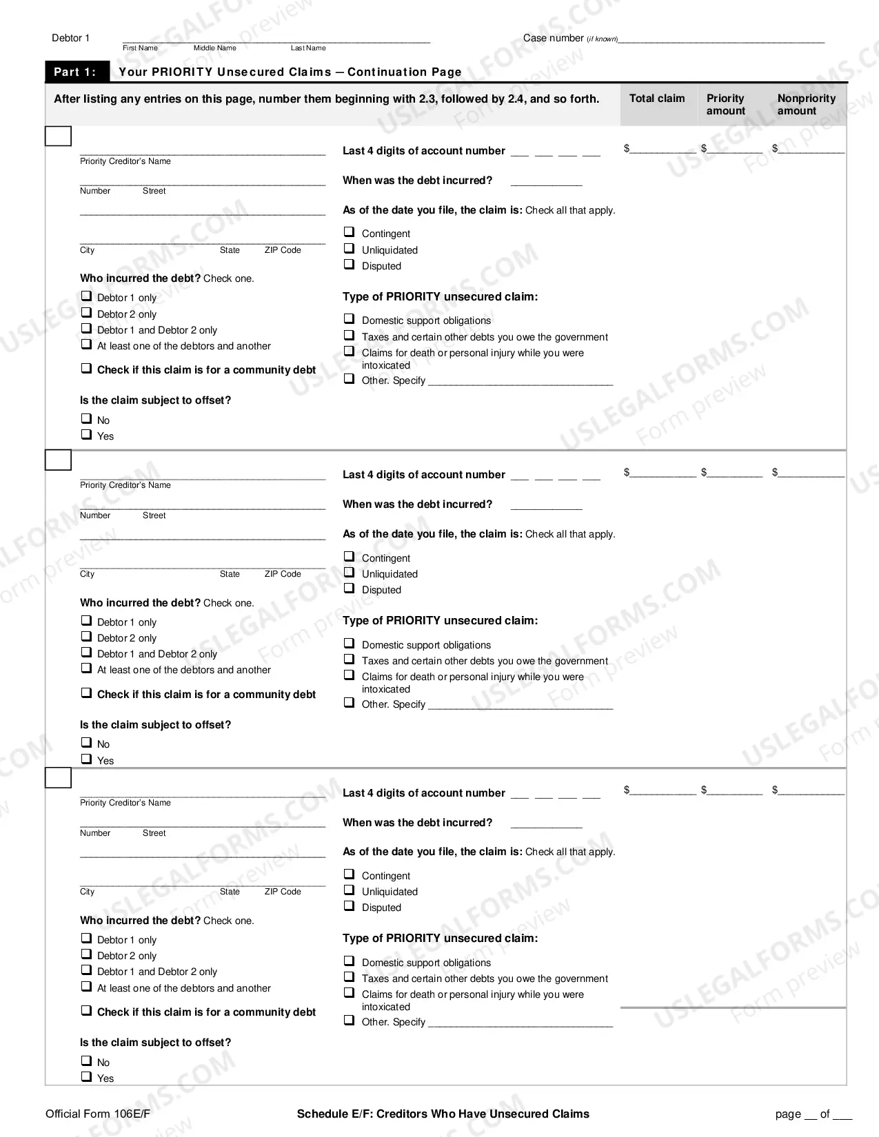 Preview Schedule E/F: Creditors Who Have Unsecured Claims (individuals)