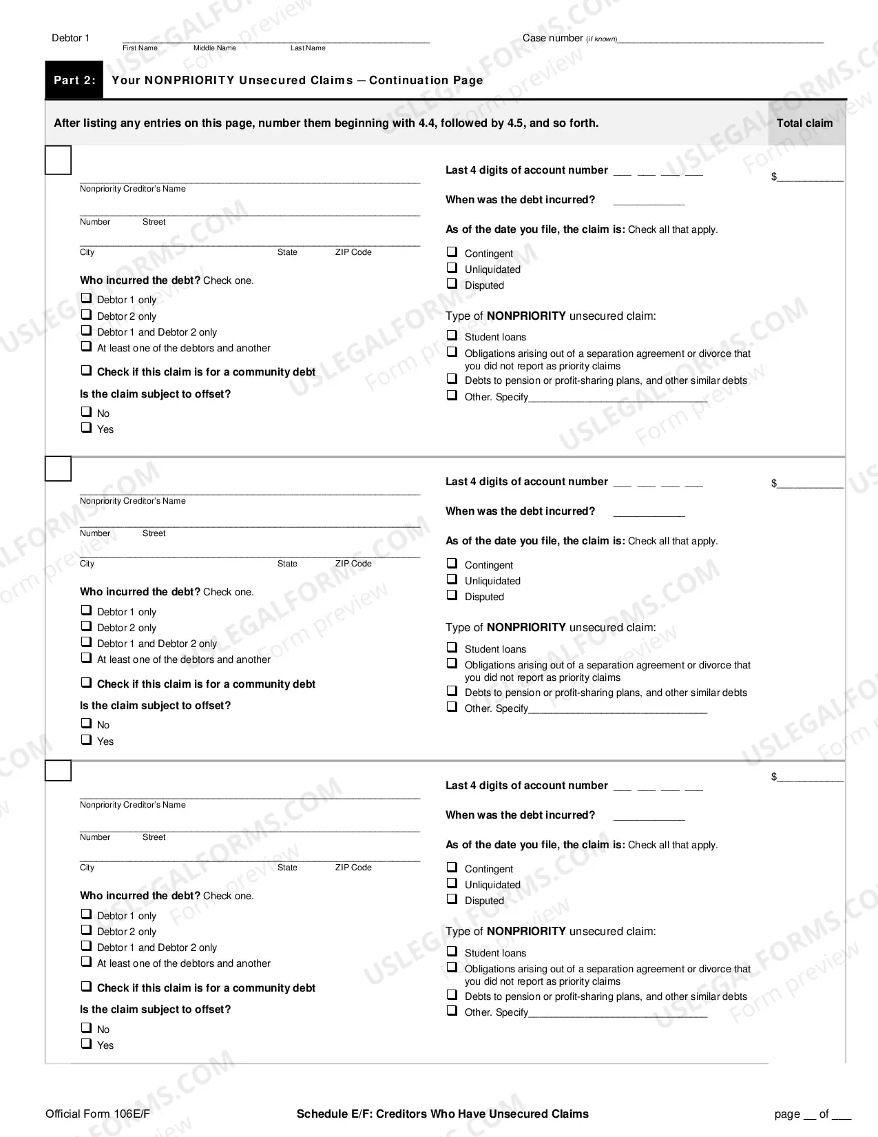Preview Schedule E/F: Creditors Who Have Unsecured Claims (individuals)