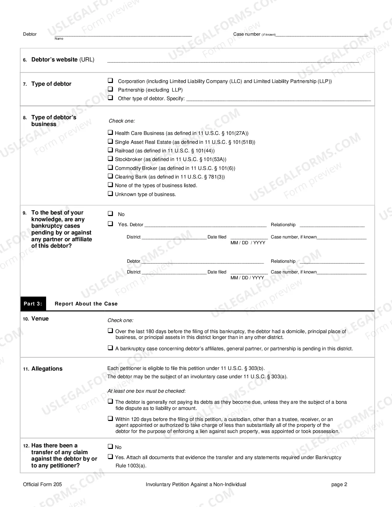 Preview Involuntary Petition Against a Non-Individual