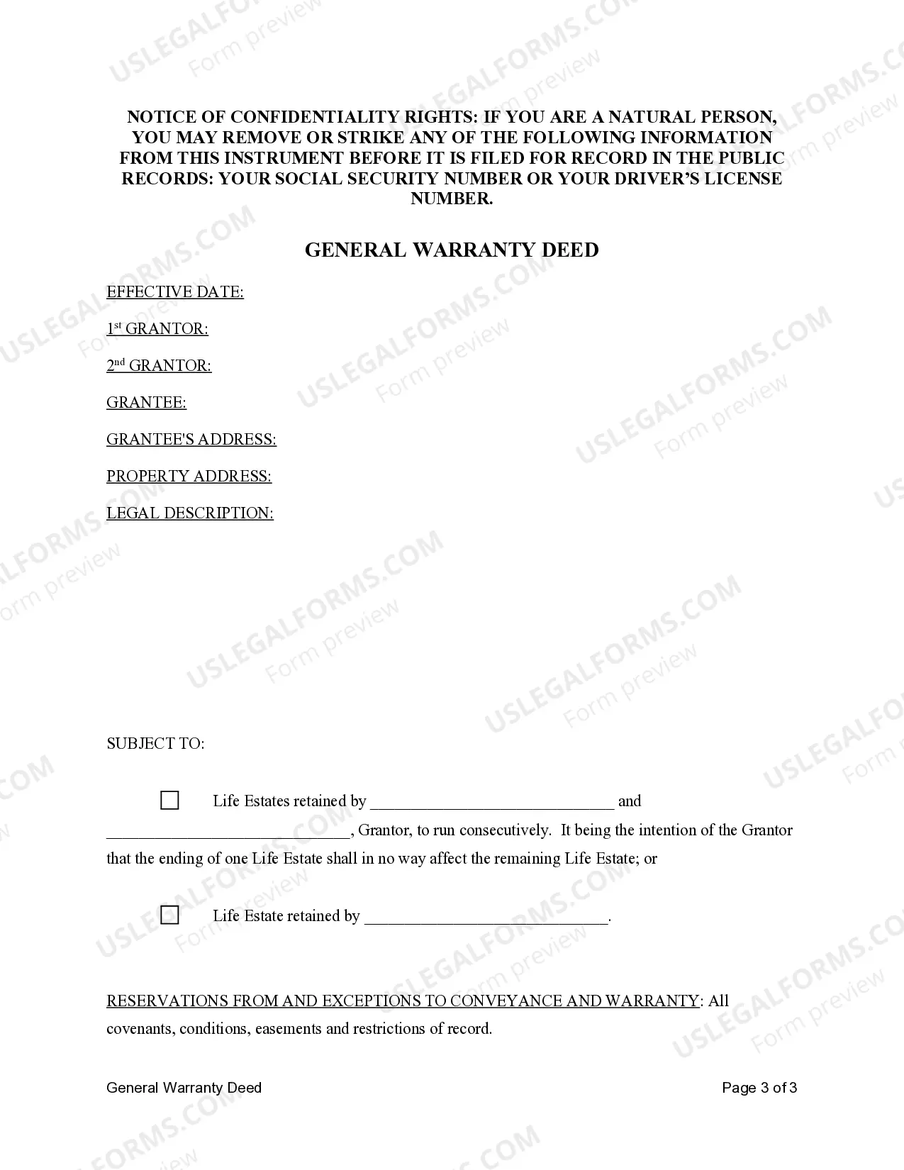 Preview Warranty Deed for Parents to Child with Reservation of Life Estate