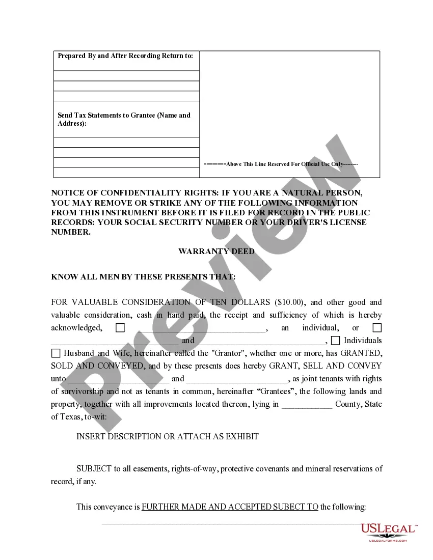 Preview Warranty Deed for Separate or Joint Property to Joint Tenancy