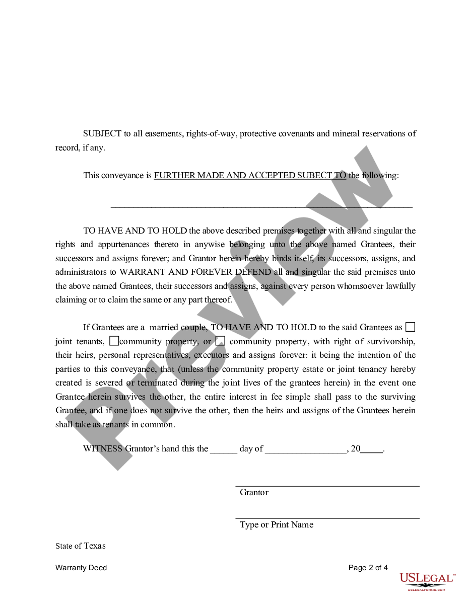 page 4 Warranty Deed for Separate Property of One Spouse to Both Spouses as Joint Tenants preview