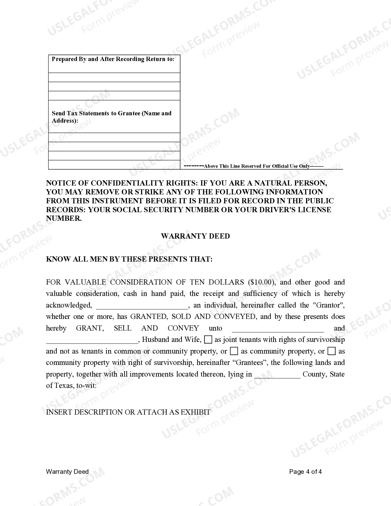 Preview Warranty Deed for Separate Property of One Spouse to Both Spouses as Joint Tenants