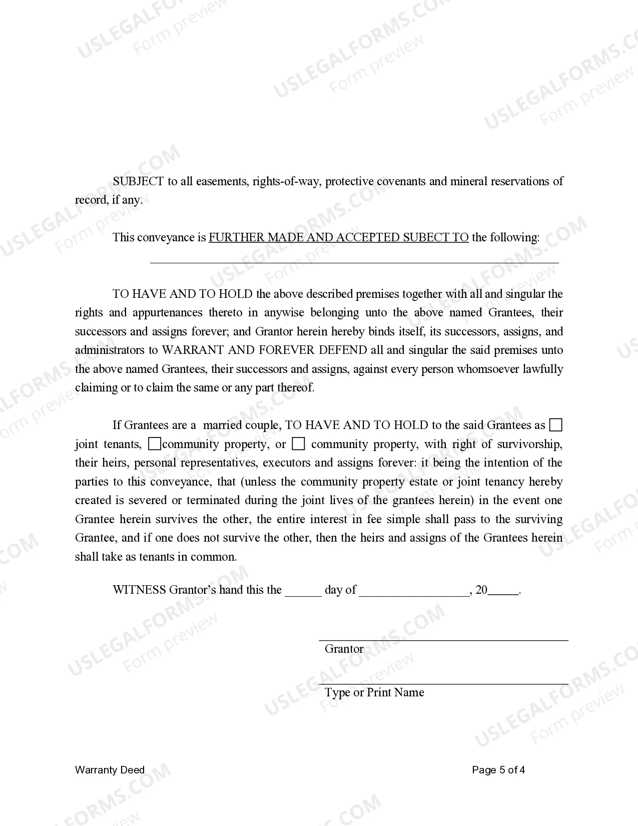 Preview Warranty Deed for Separate Property of One Spouse to Both Spouses as Joint Tenants