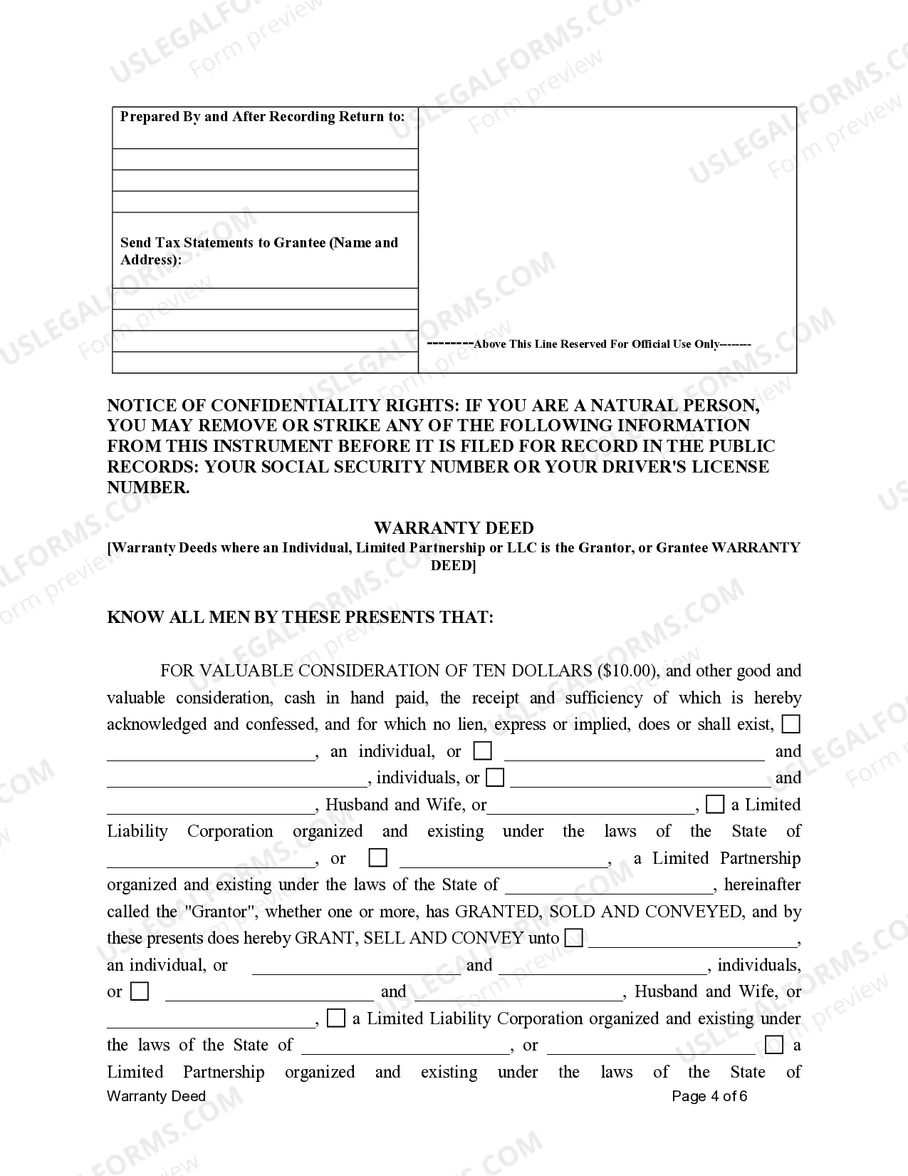 Preview Warranty Deed for Limited Partnership or LLC is the Grantor, or Grantee