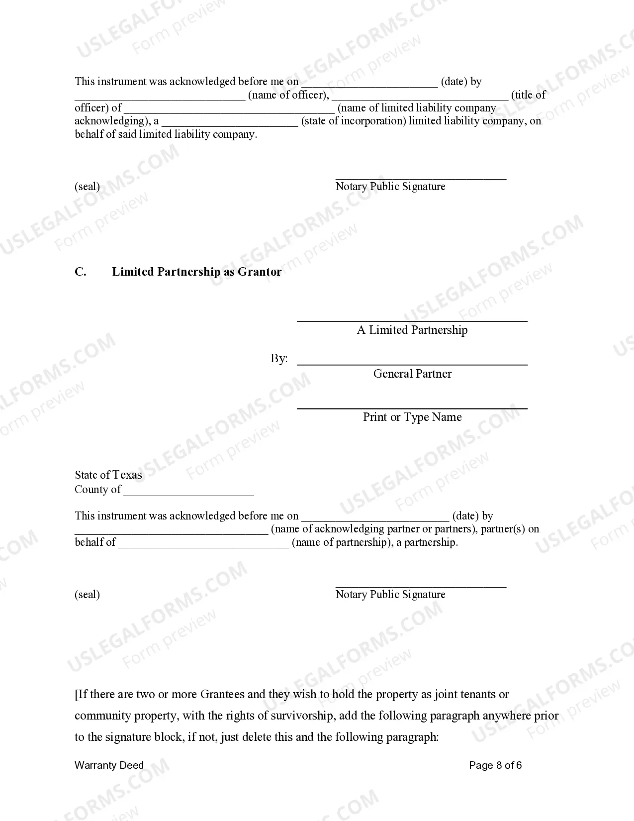 Preview Warranty Deed for Limited Partnership or LLC is the Grantor, or Grantee