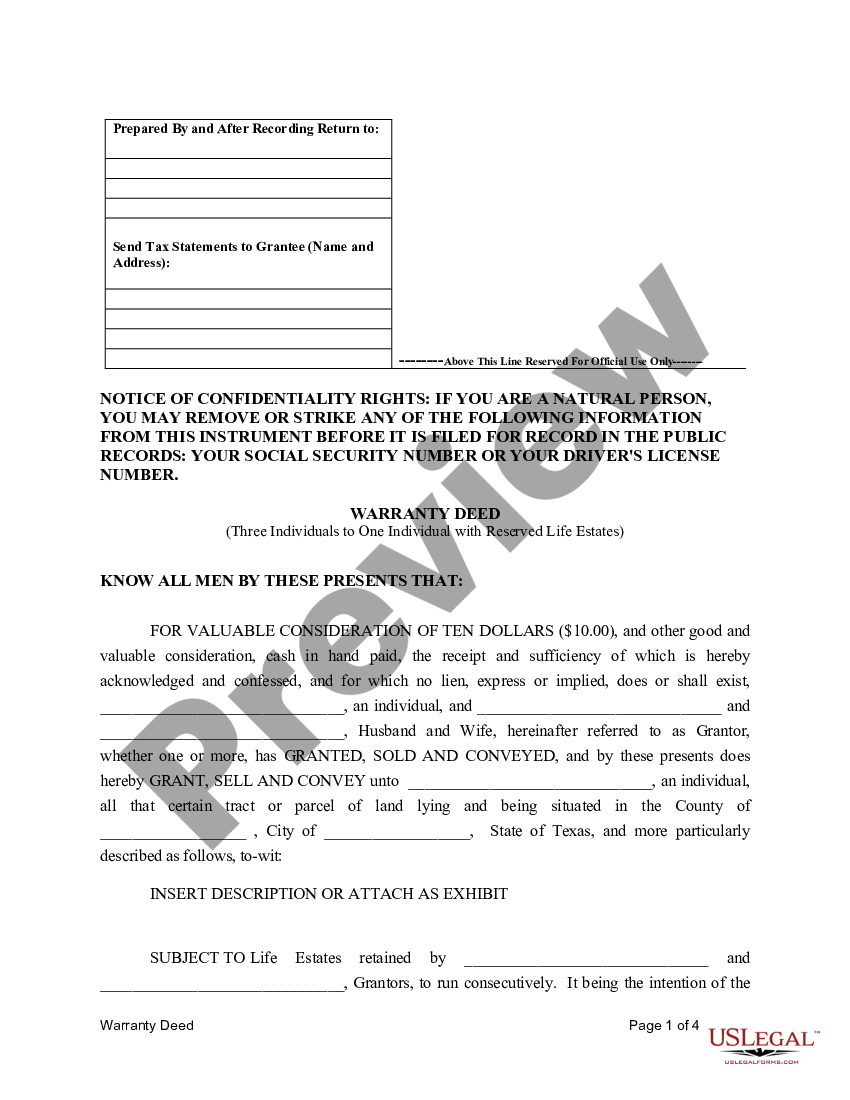 Texas Warranty Deed For Three Individuals To One Individual With 