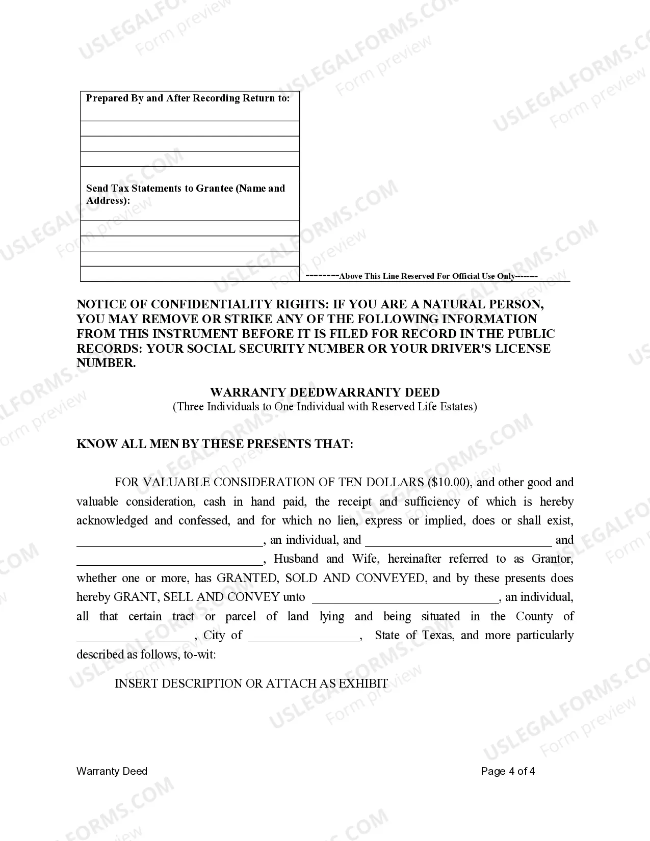 Preview Warranty Deed for Three Individuals to One Individual with Reserved Life Estates
