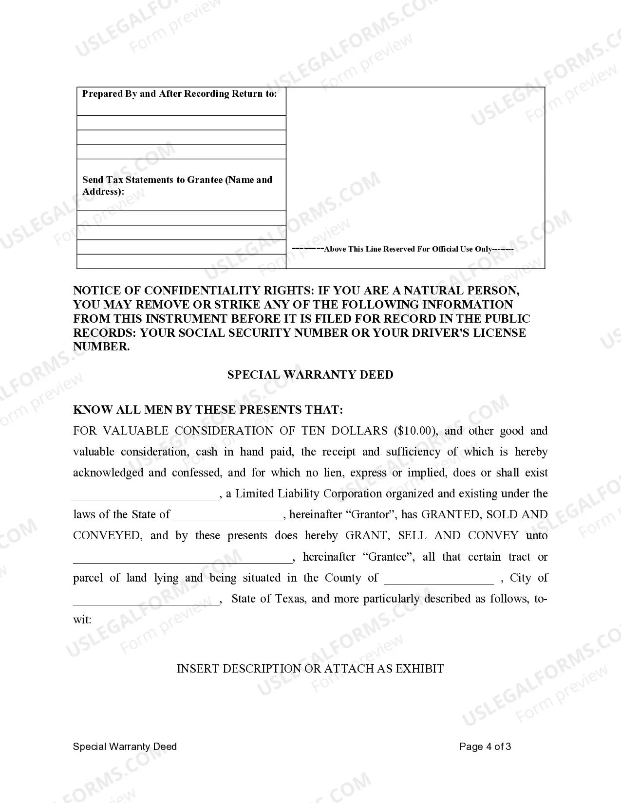 Preview Special Warranty Deed for LLC to Individual