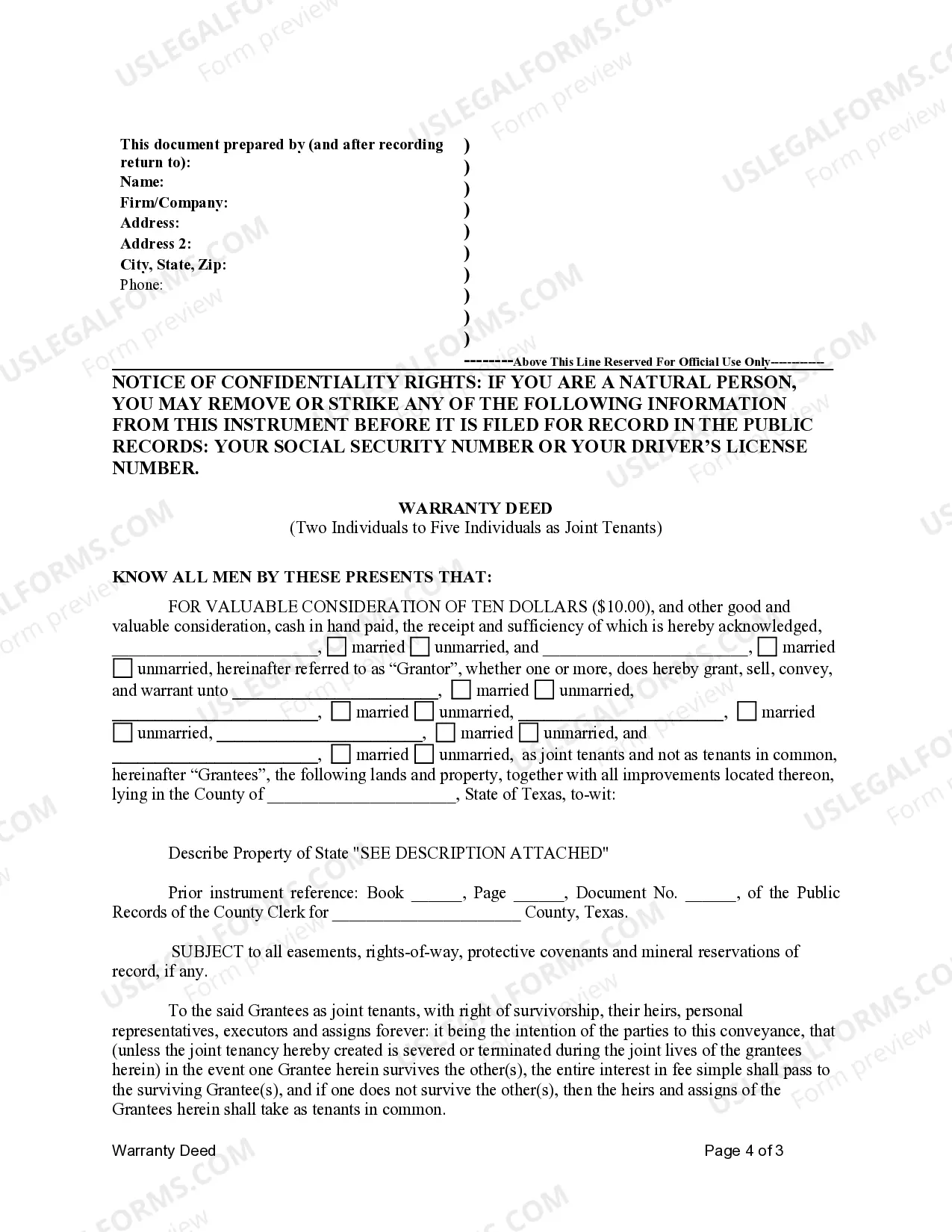 Preview Warranty Deed for Two (2) Individuals to Five Individuals as Joint Tenants