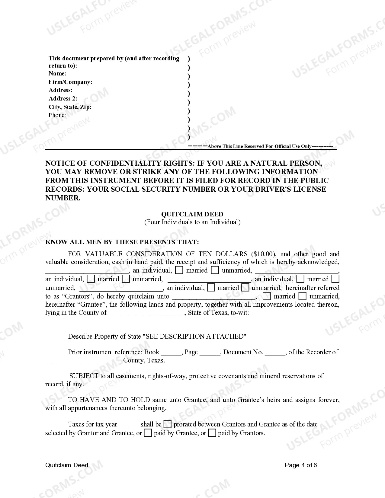 Preview Quitclaim Deed for Four Grantors to an Individual