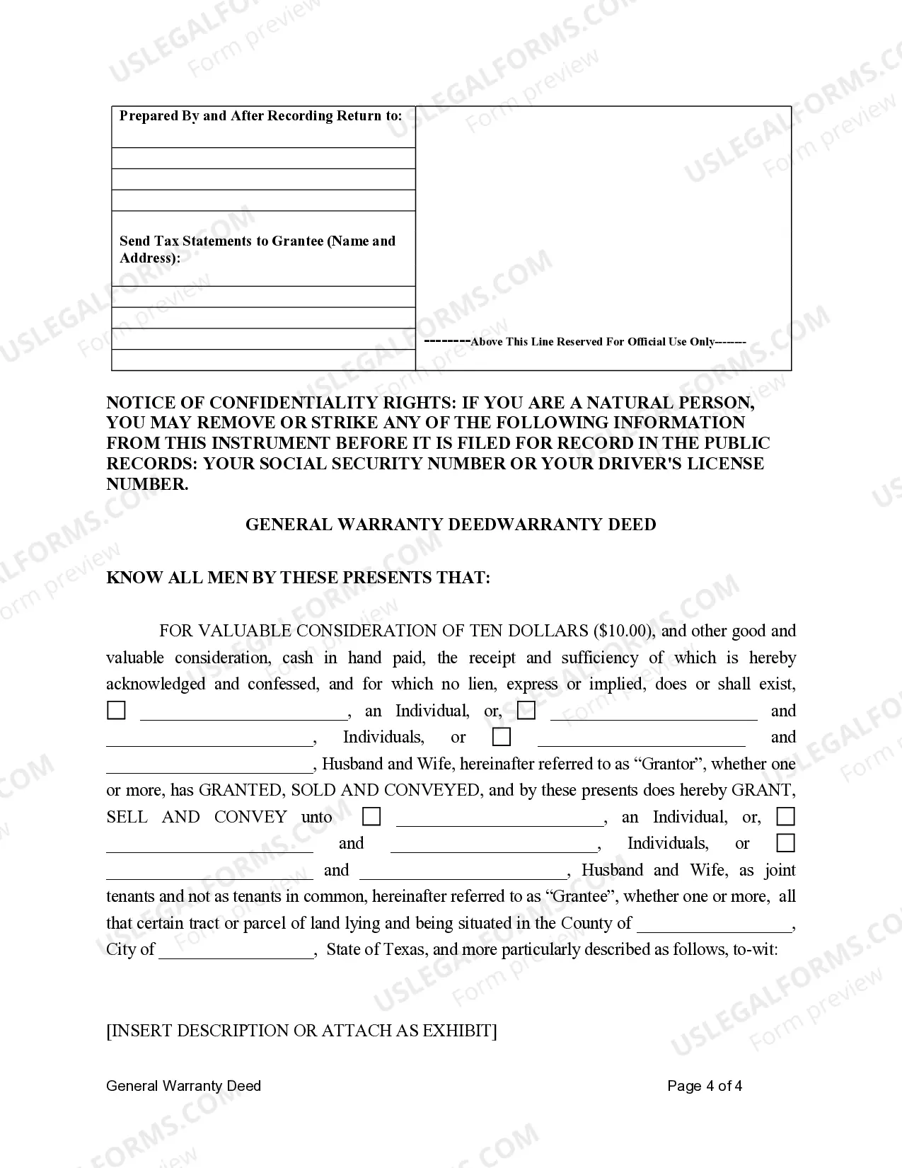 Preview General Warranty Deed for Individuals or Husband and Wife to an Individual or Individuals