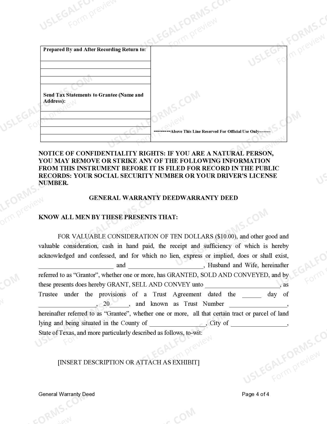McKinney Texas General Warranty Deed for Husband and Wife to Trust US Legal Forms