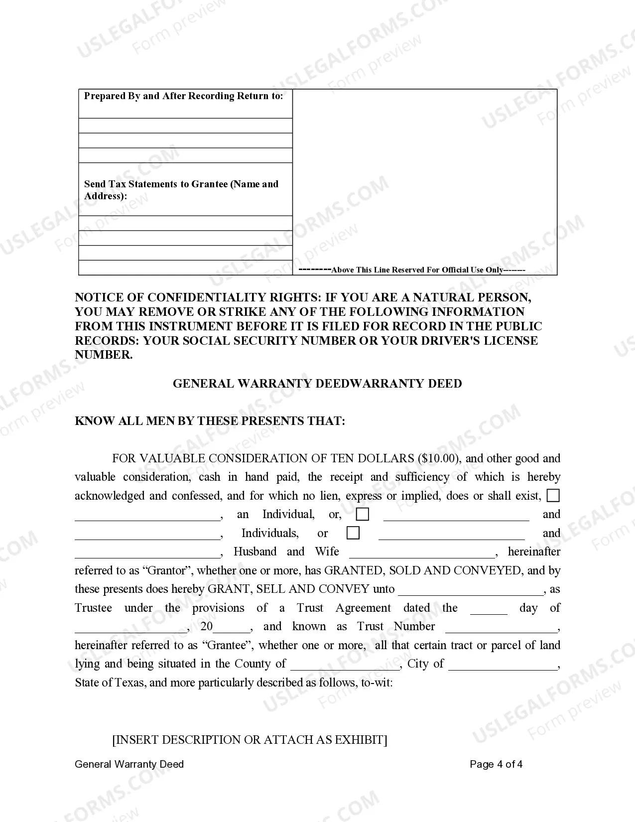 Preview General Warranty Deed for Individuals to a Trust