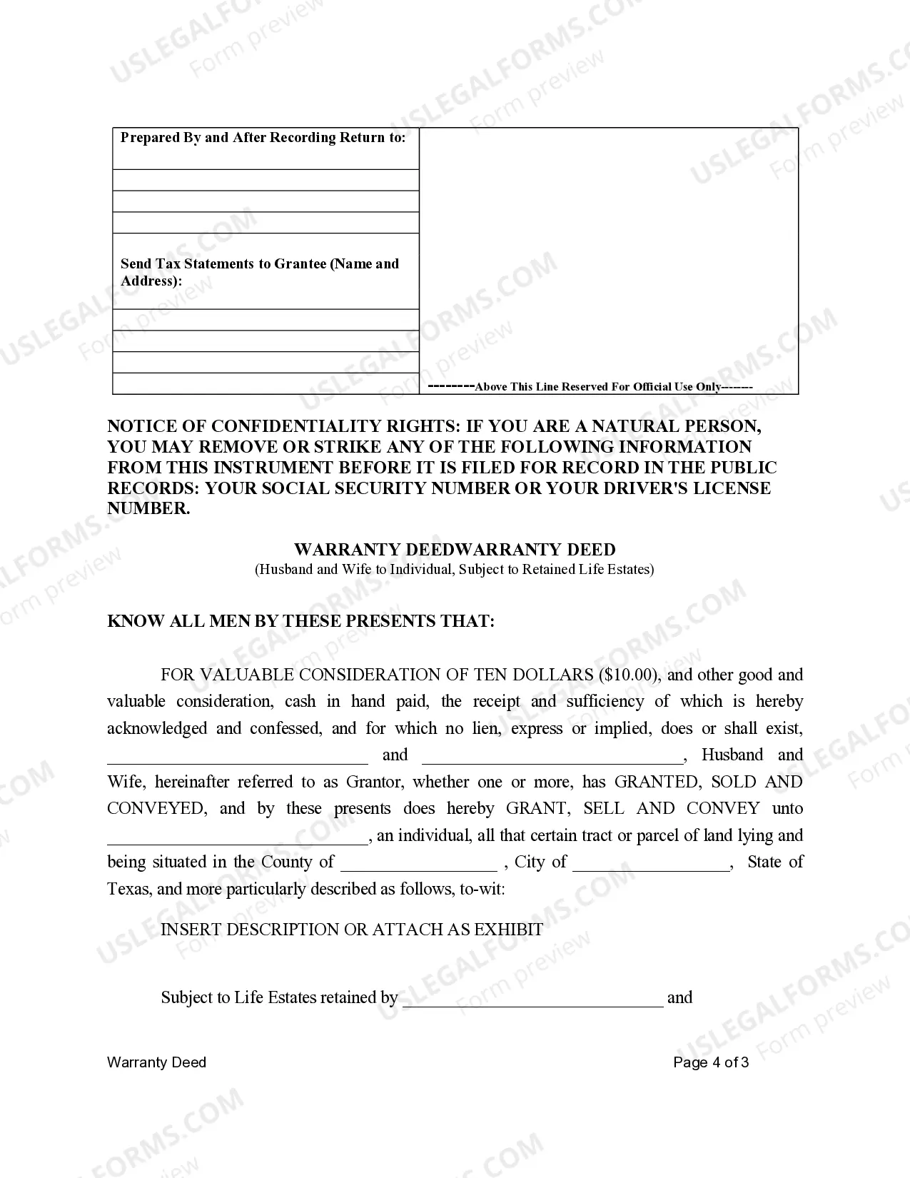 Preview Warranty Deed for Husband and Wife to Individual with Reserved Life Estates