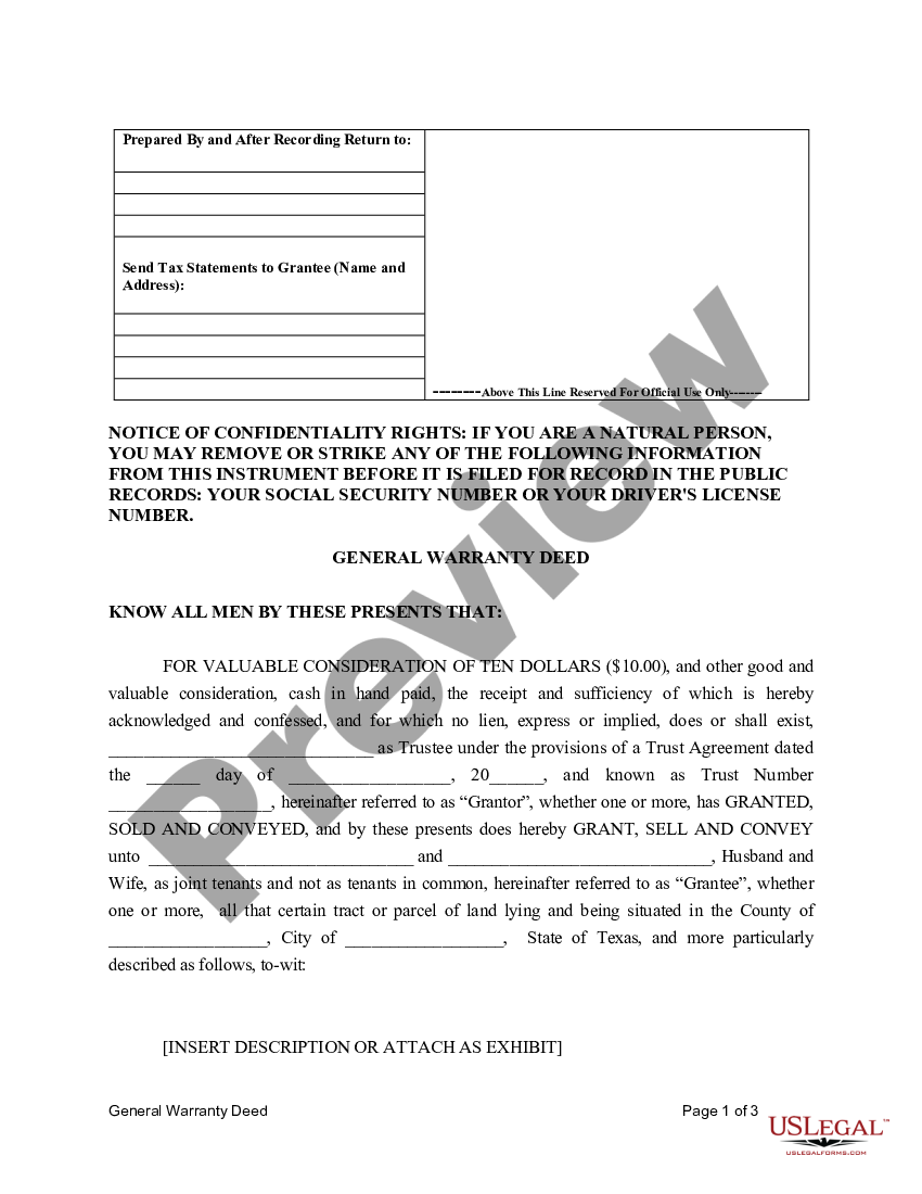 Texas General Warranty Deed For Trust To Husband And Wife General Warranty Deed Us Legal Forms 1612