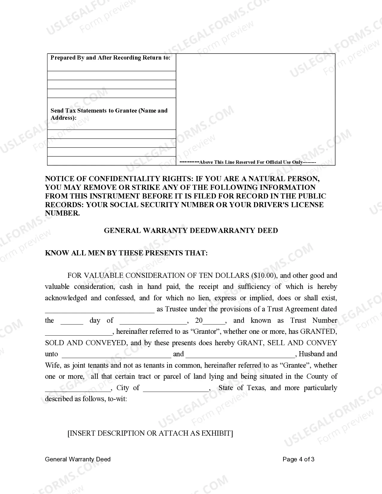 Preview General Warranty Deed for Trust to Husband and Wife