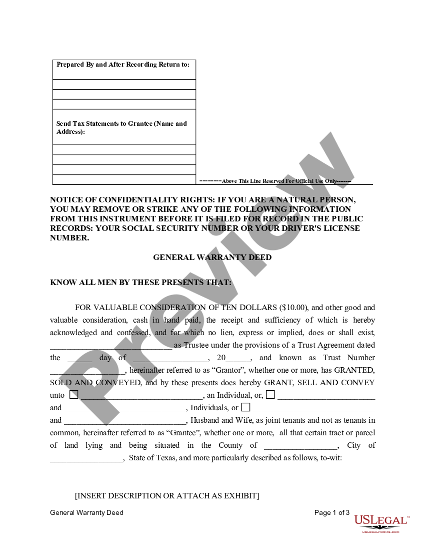 Texas General Warranty Deed For Trust To Individuals Or Husband And Wife General Warranty Deed 3997