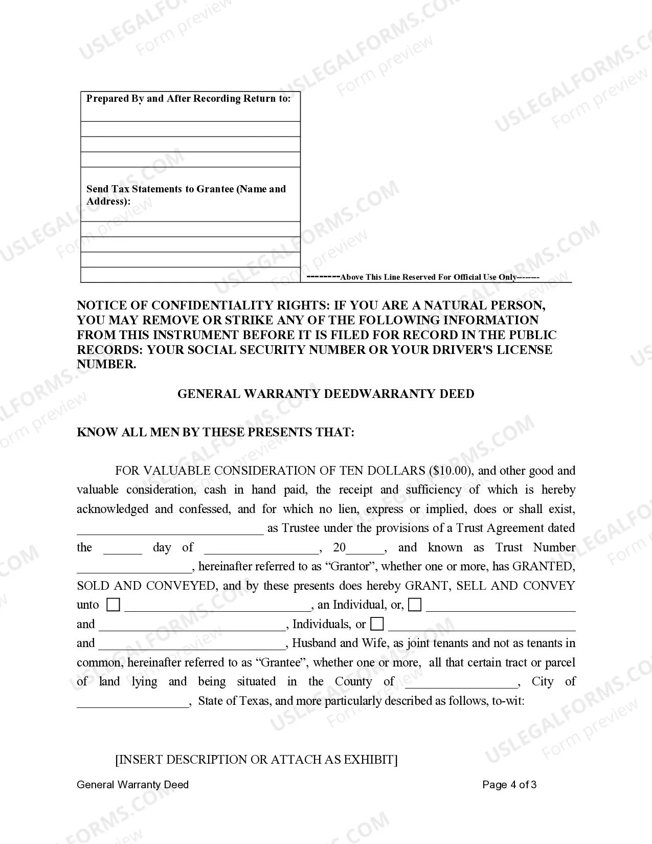 Preview General Warranty Deed for Trust to Individuals or Husband and Wife