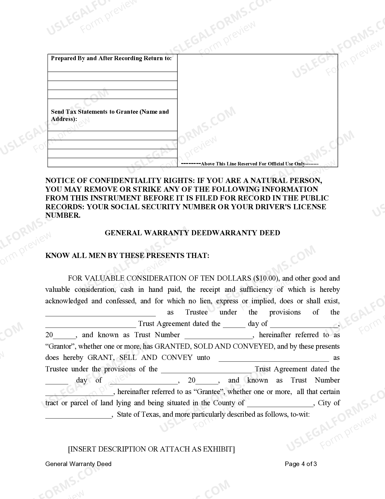Texas General Warranty Deed For Living Trust To Living Trust Texas 