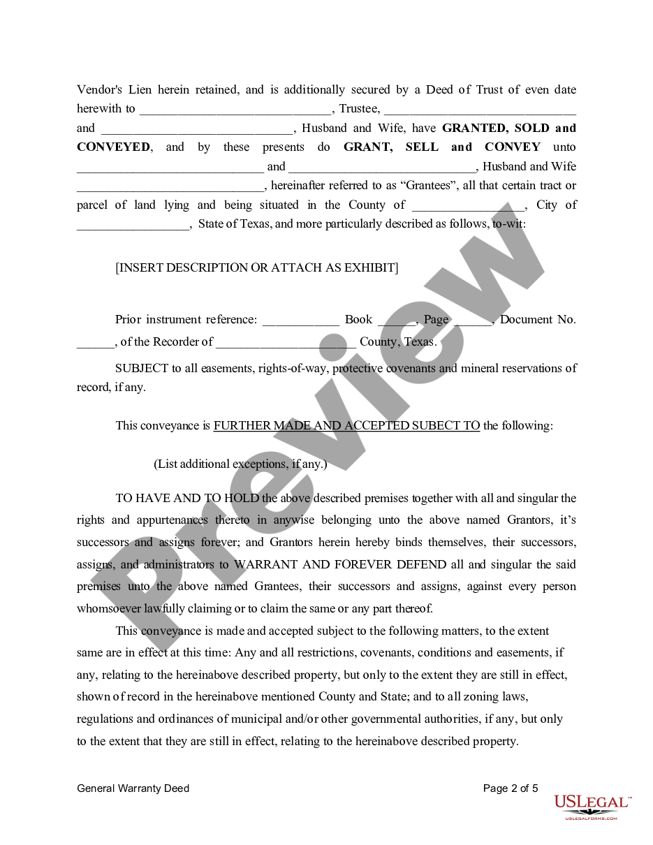 page 4 General Warranty Deed for Husband and Wife to Husband and Wife with Vendor's Lien preview