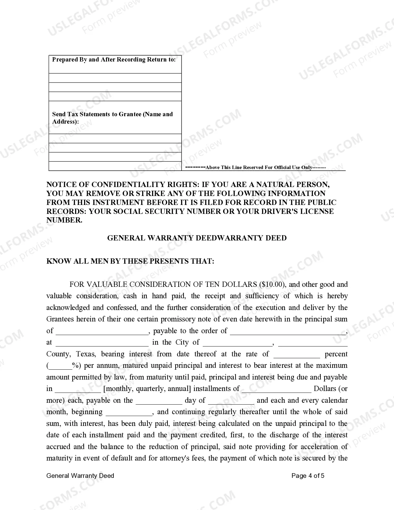 Preview General Warranty Deed for Husband and Wife to Husband and Wife with Vendor's Lien