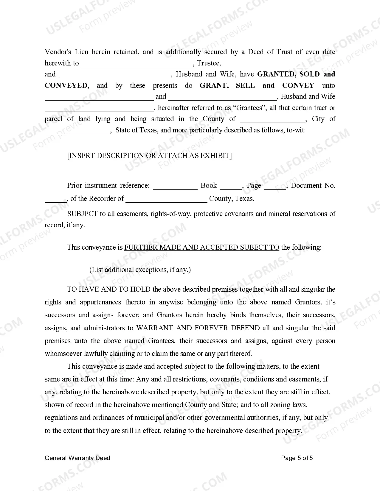 Preview General Warranty Deed for Husband and Wife to Husband and Wife with Vendor's Lien