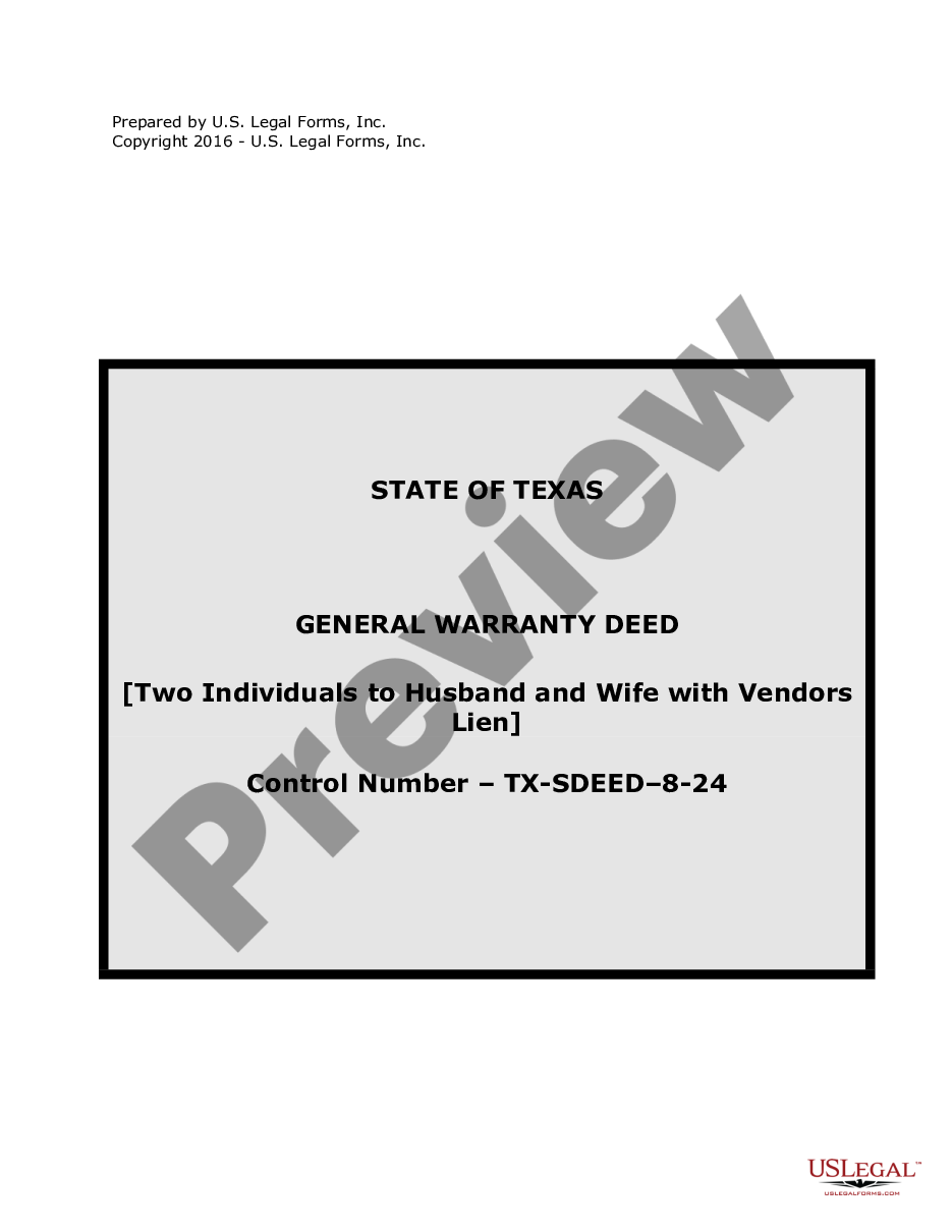 page 0 General Warranty Deed for Two Individuals to Husband and Wife with Vendor's Lien preview