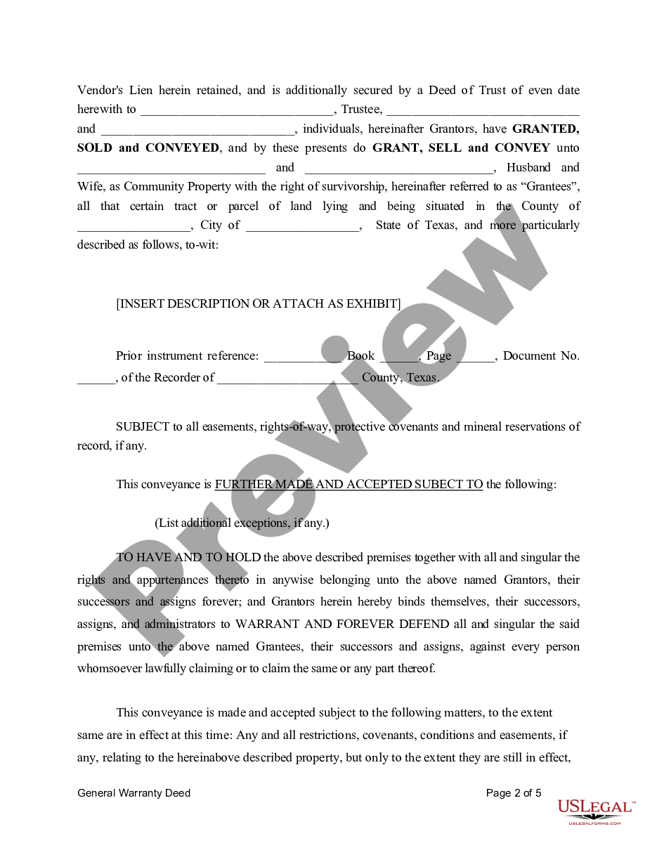 page 4 General Warranty Deed for Two Individuals to Husband and Wife with Vendor's Lien preview