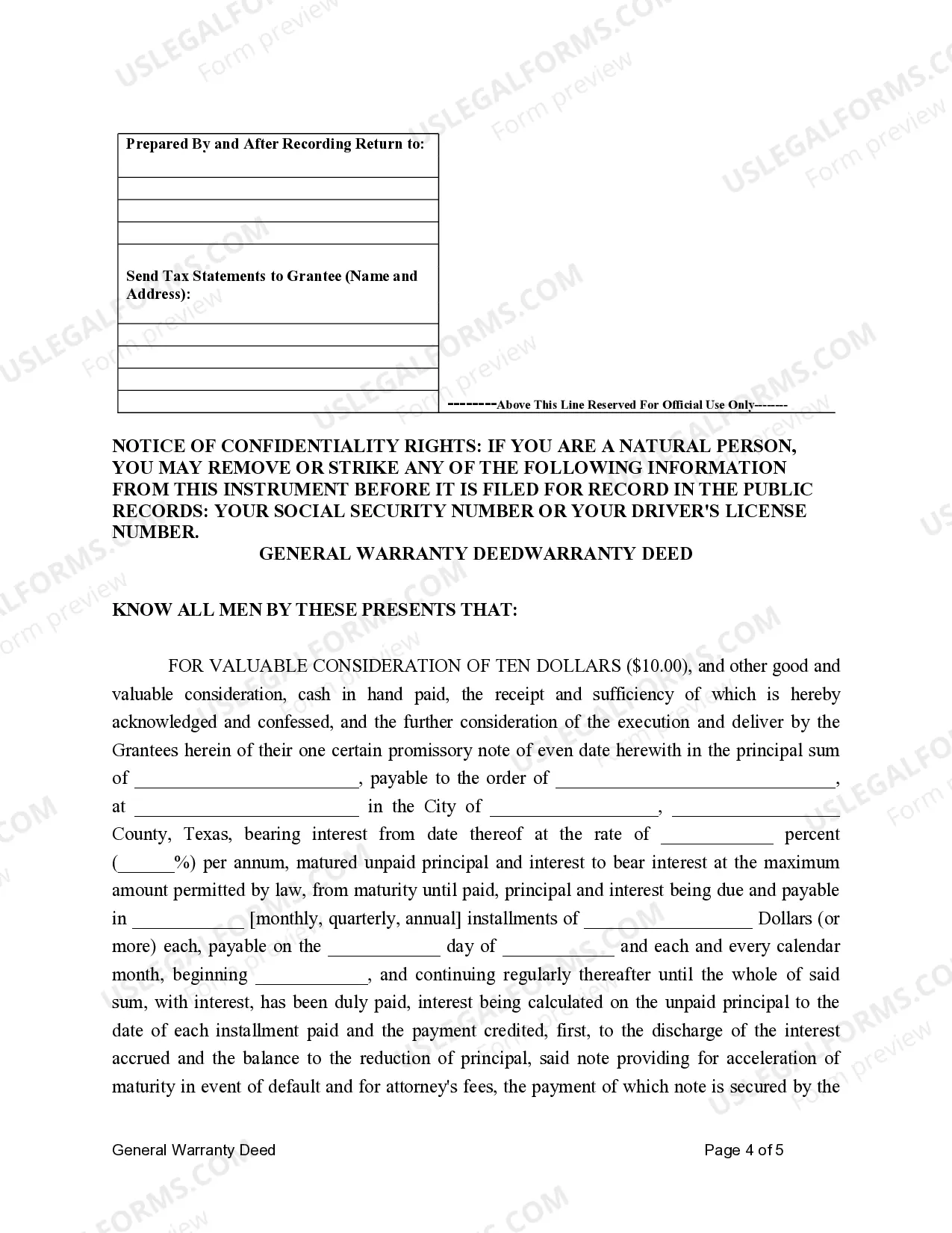 Preview General Warranty Deed for Two Individuals to Husband and Wife with Vendor's Lien