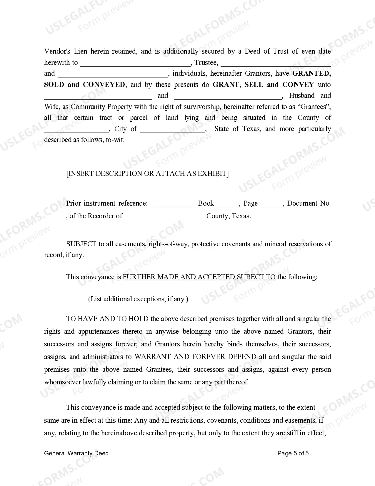 Preview General Warranty Deed for Two Individuals to Husband and Wife with Vendor's Lien