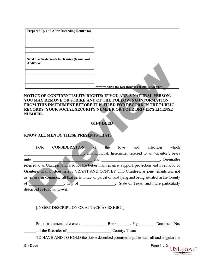 Texas Gift Deed for Individual to Individuals as Joint Tenants Gift