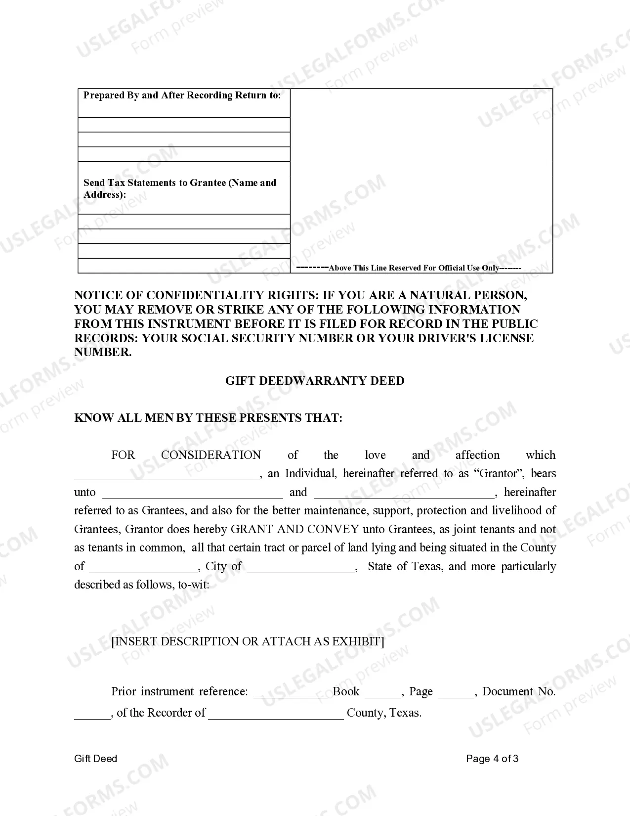 Preview Gift Deed for Individual to Individuals as Joint Tenants