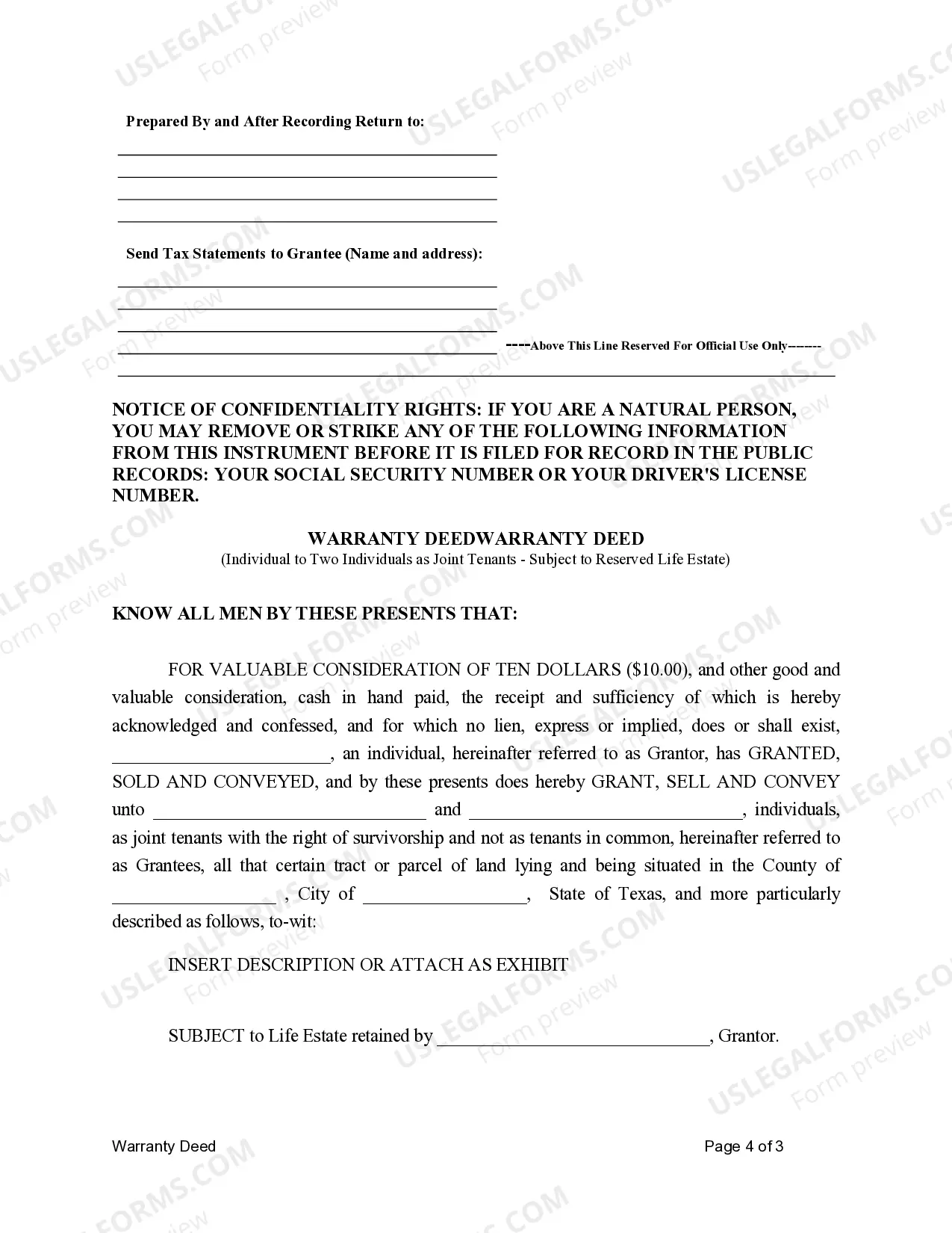 Preview Warranty Deed for Individual to Two (2) Individuals as Joint Tenants Subject to Reserved Life Estate