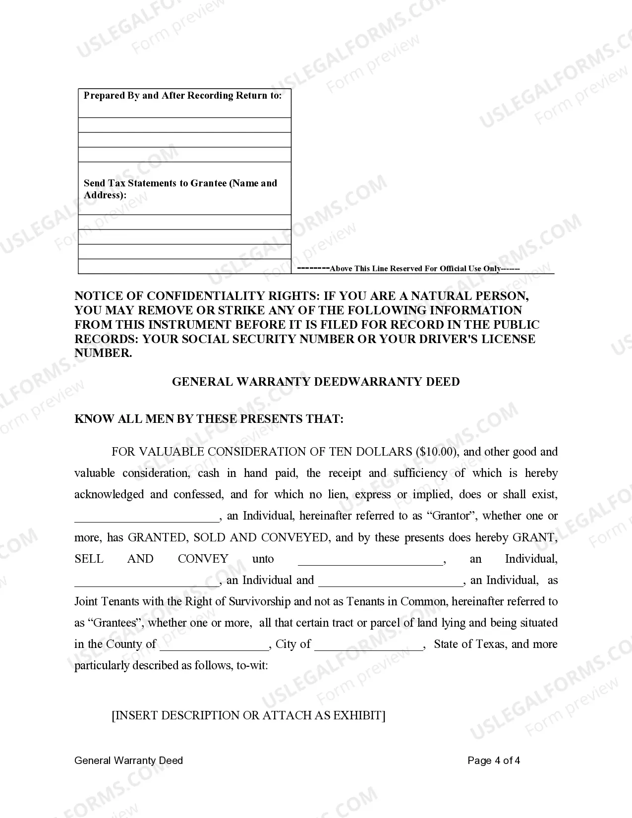 Preview General Warranty Deed for Individual to Three (3) Individuals as Joint Tenants with Rights of Survivorship