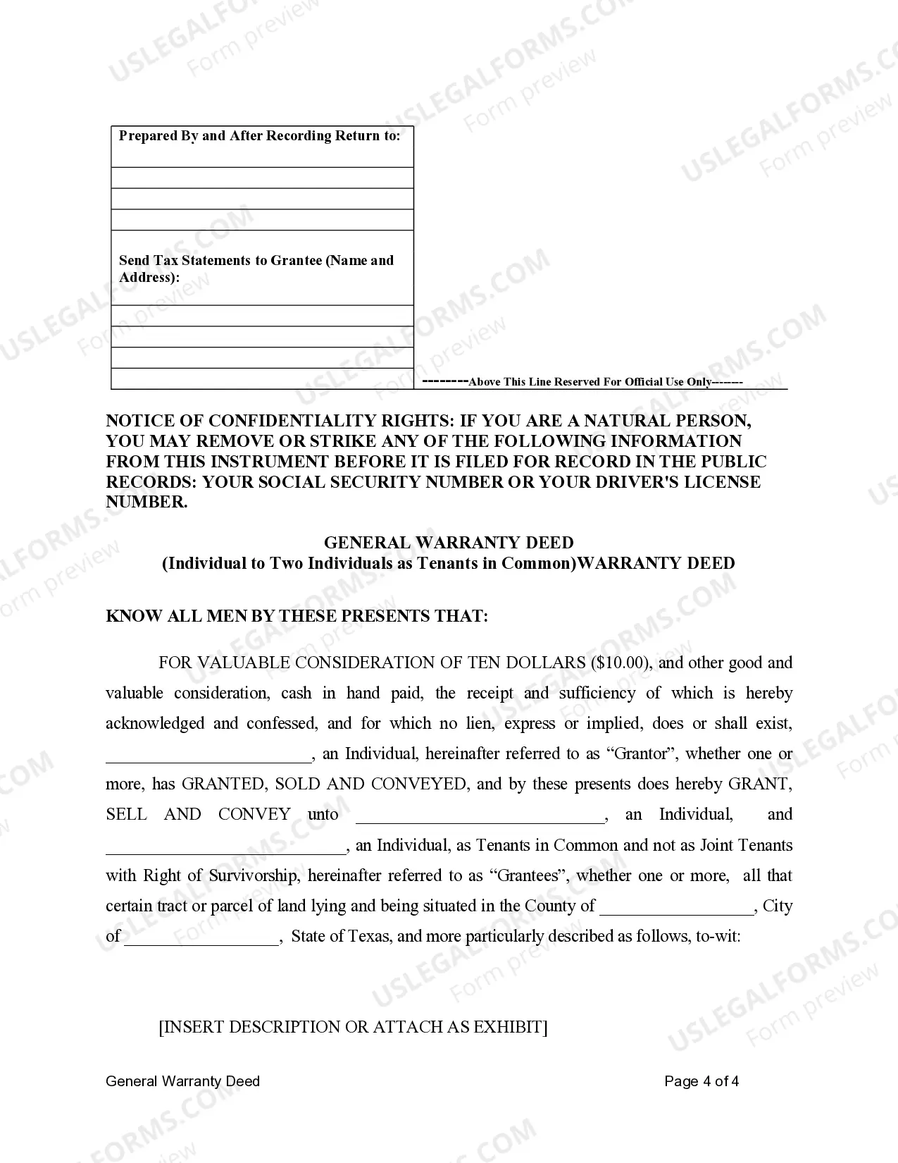 Preview General Warranty Deed for Individual to Two (2) Individuals as Tenants in Common