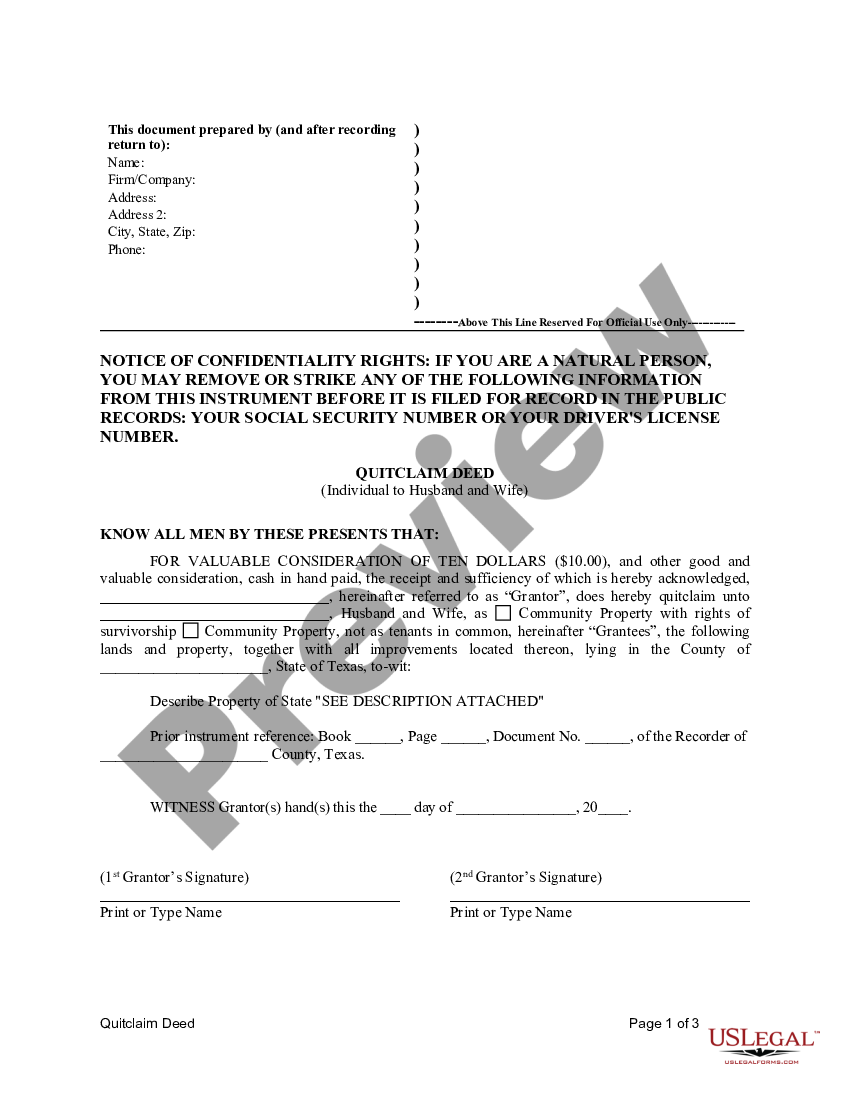 Texas Quitclaim Deed for Individual to Husband and Wife as Community ...