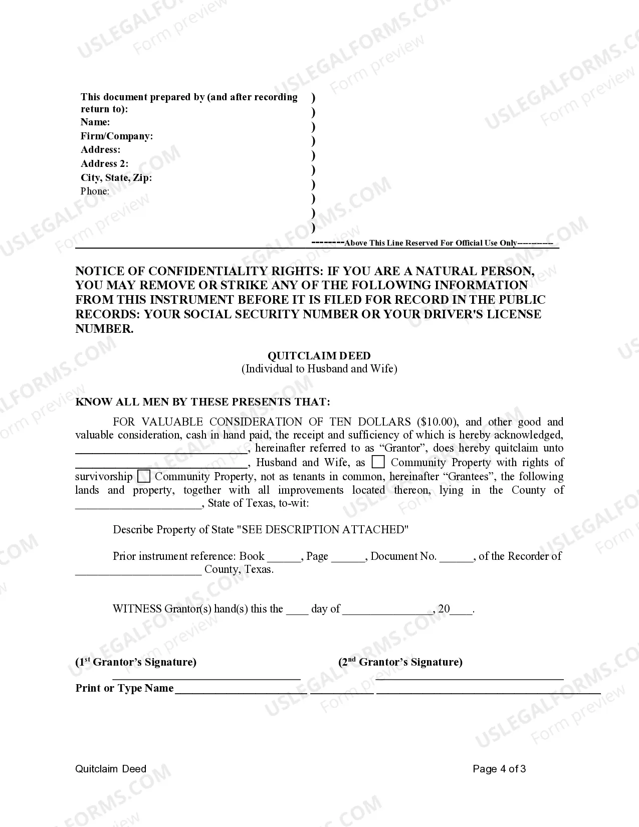 Preview Quitclaim Deed for Individual to Husband and Wife as Community Property or Community Property with Right of Survivorship
