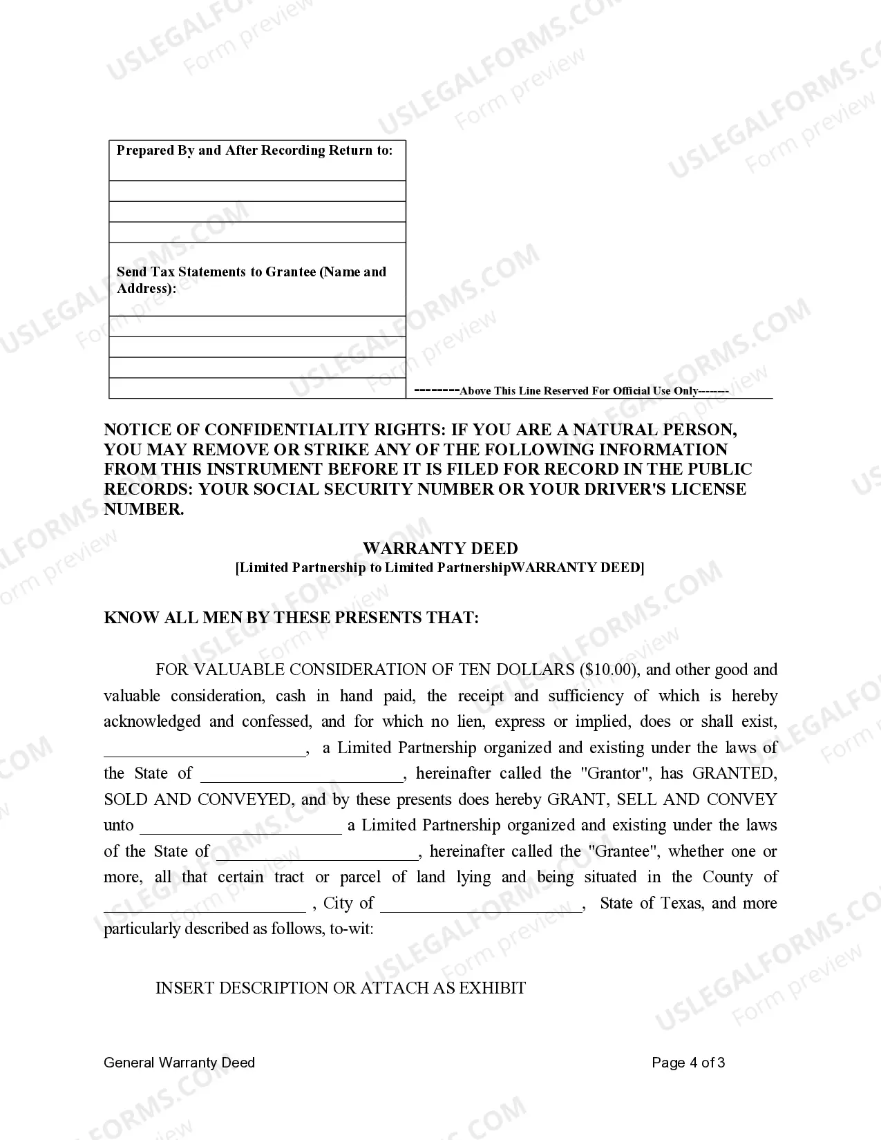 Preview Warranty Deed for Limited Partnership to Limited Partnership