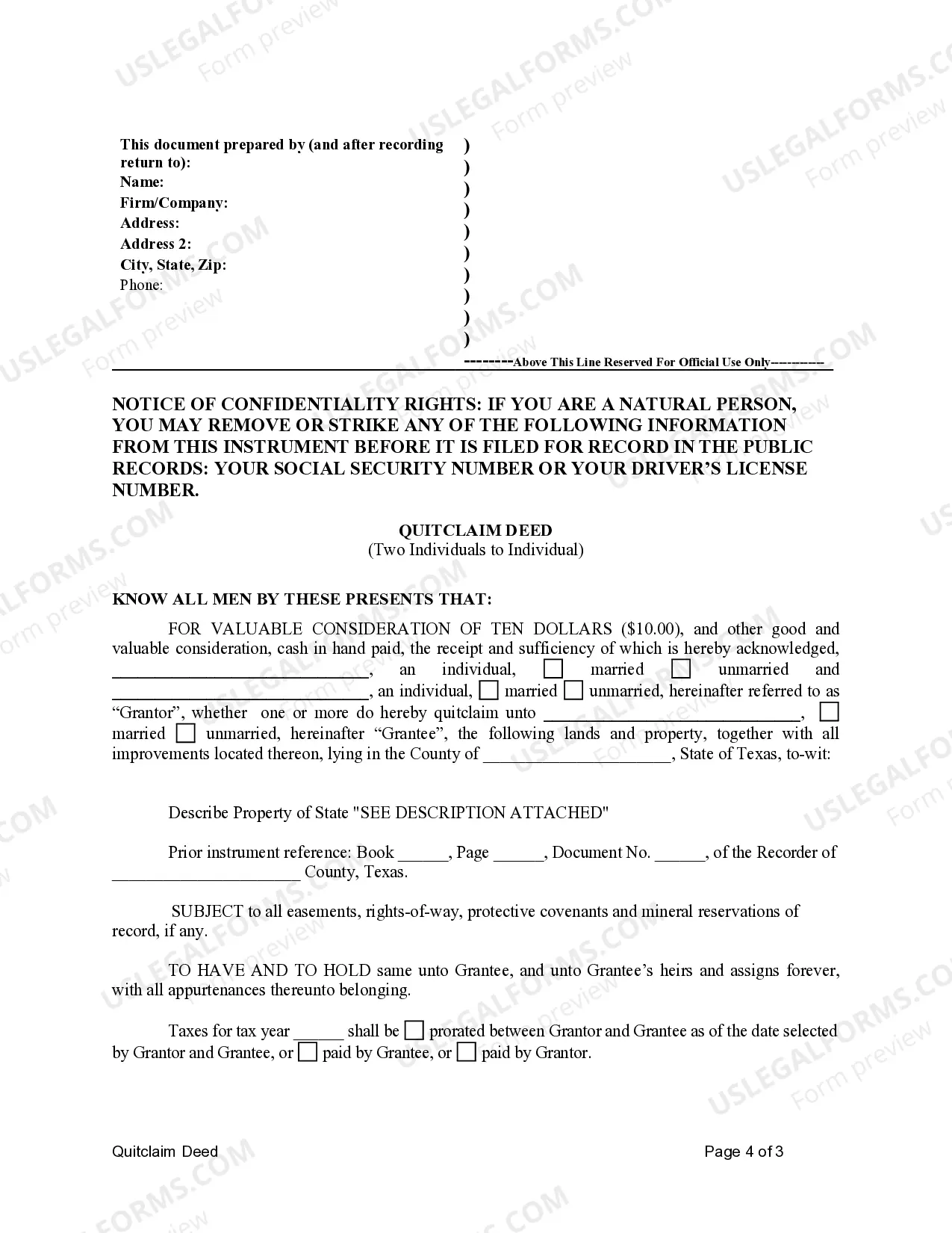 Preview Quitclaim Deed for Two Individuals to Individual