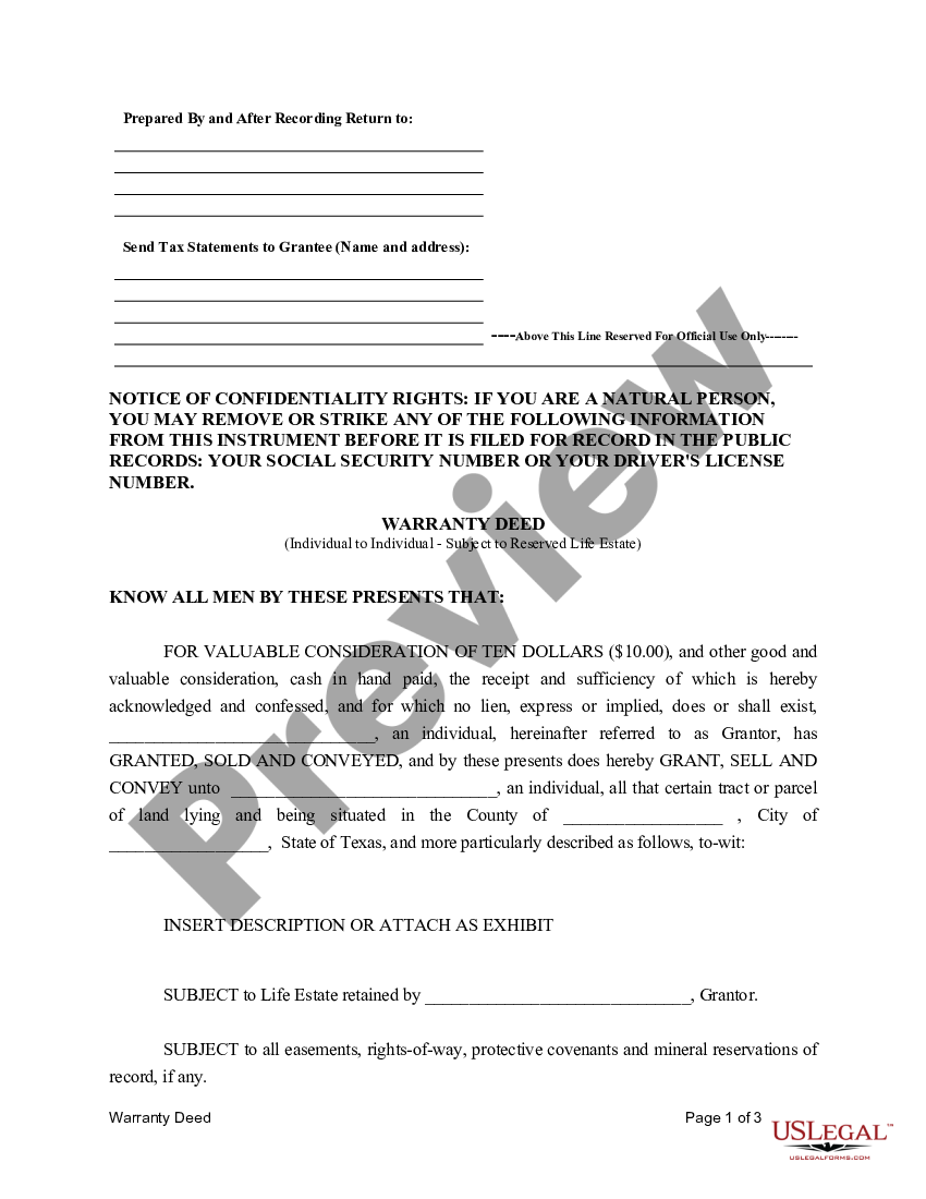 Houston Texas Warranty Deed for Individual to Individual - Subject to ...