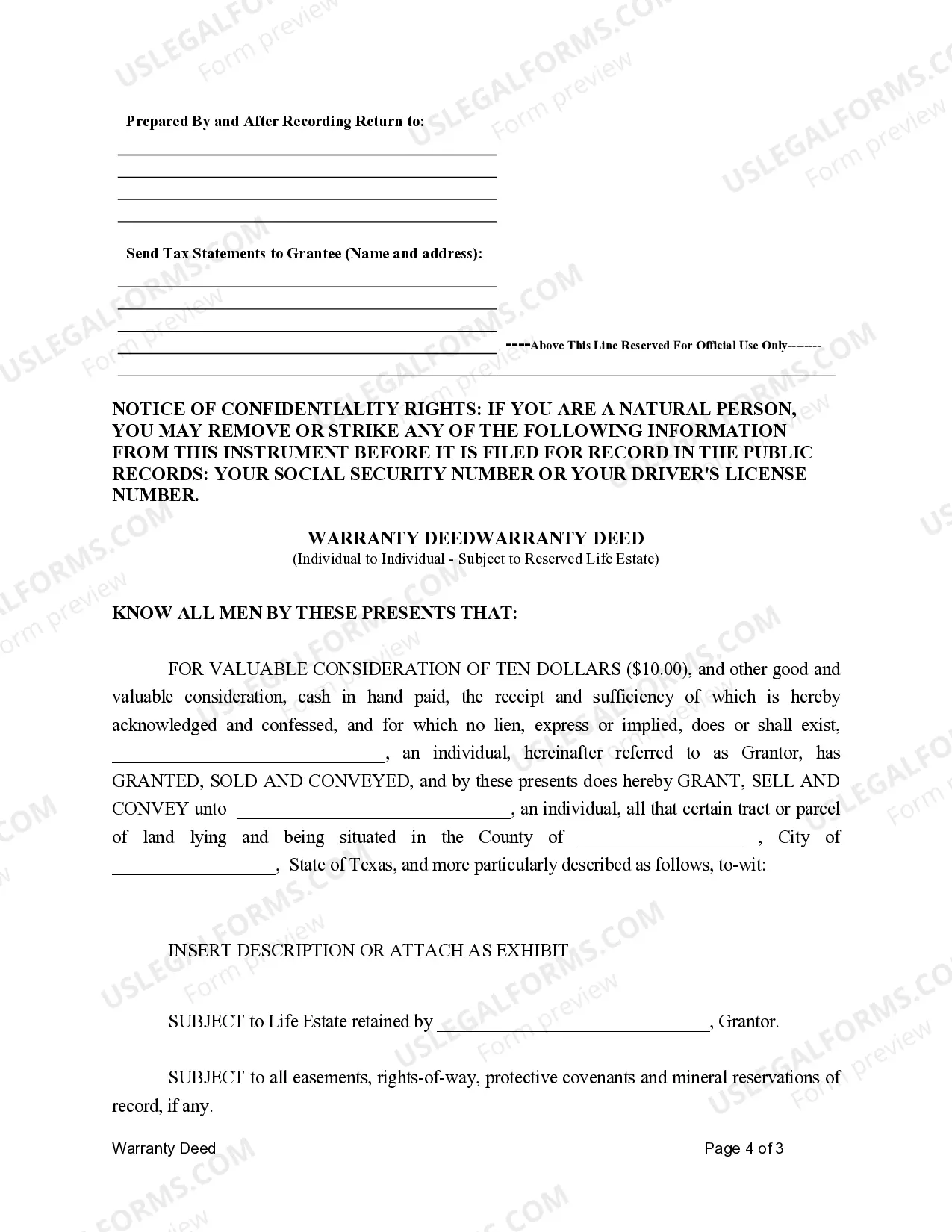 Preview Warranty Deed for Individual to Individual - Subject to Retained Life Estate