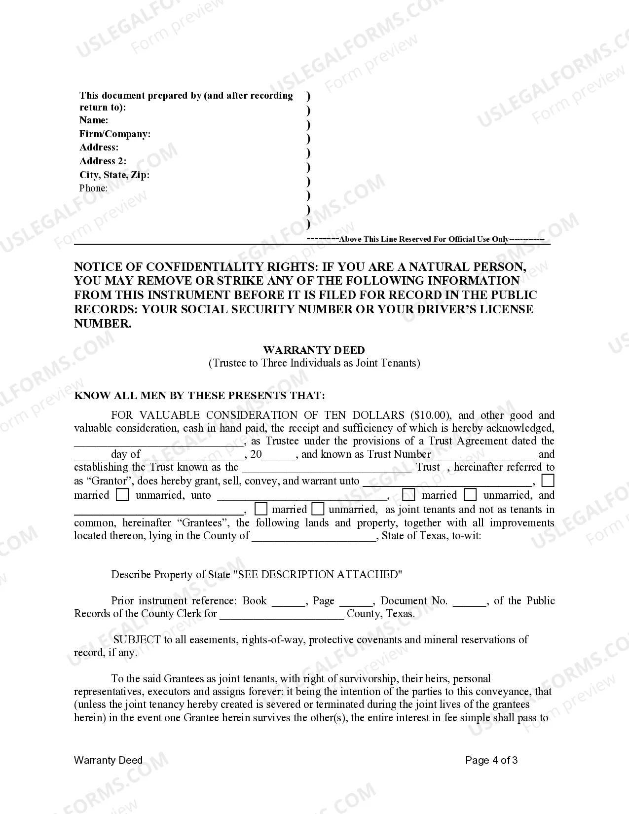 Preview Warranty Deed from Trustee to Three Individuals as Joint Tenants