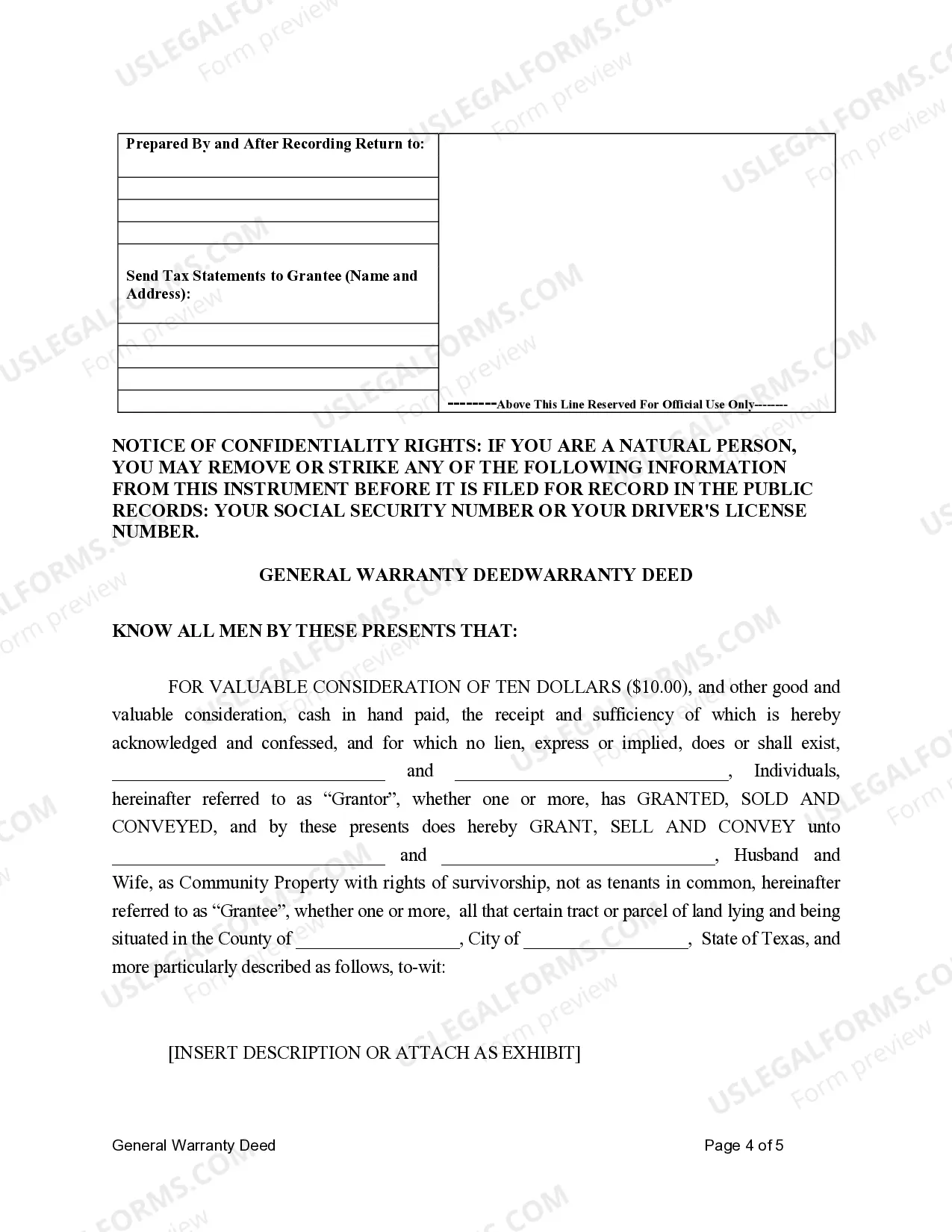 Preview General Warranty Deed for Two Individuals to Husband and Wife as Community Property with Rights of Survivorship