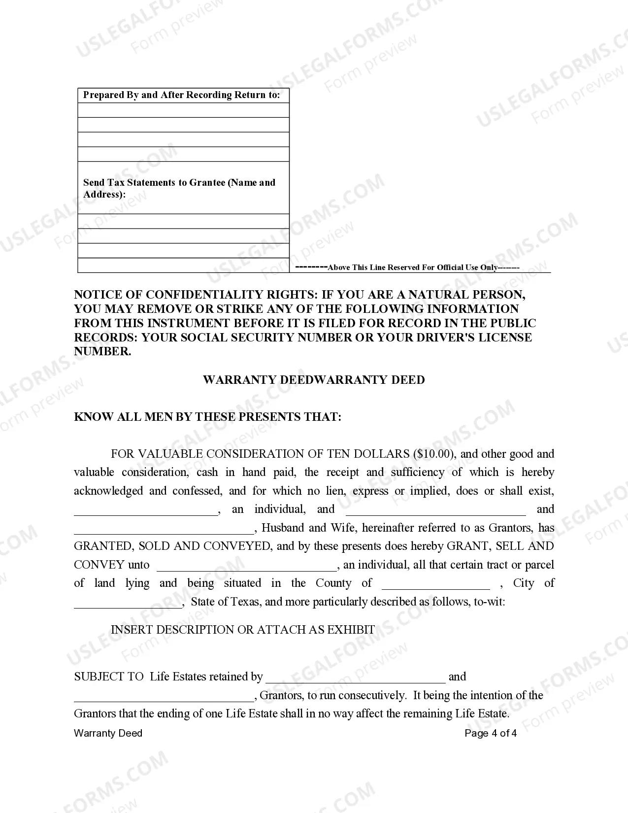 Preview Warranty Deed for Three Individuals to One Individual with Reserved Life Estates
