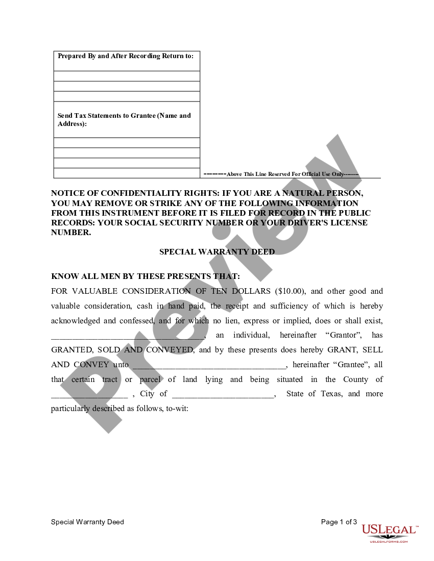 Texas Special Warranty Deed for Individual to Individual Special