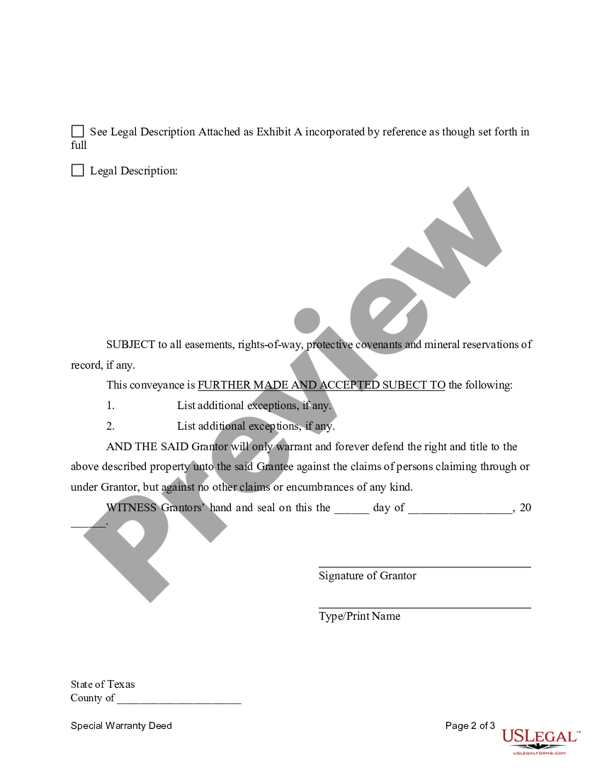 Texas Special Warranty Deed For Individual To Individual Special Warranty Deed Us Legal Forms 8869