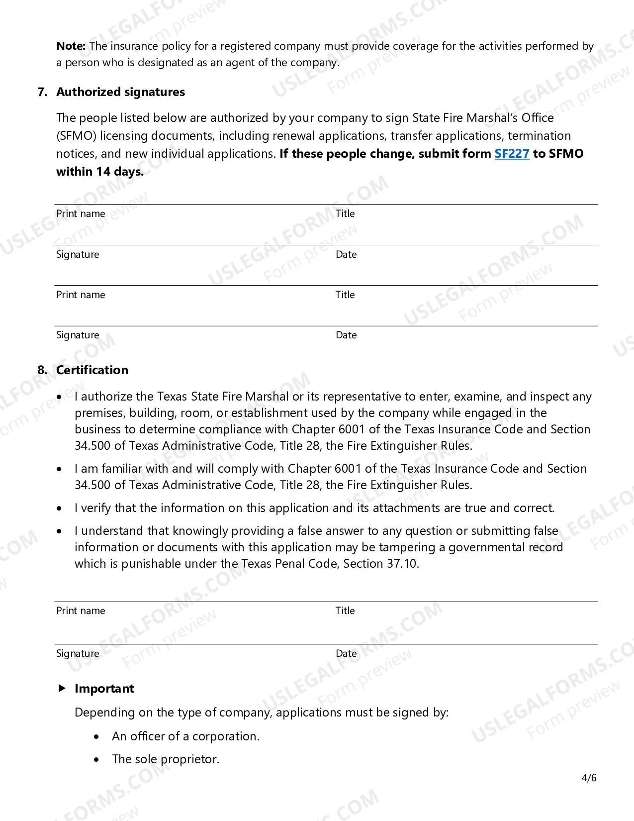 Preview Fire Extinguisher Certificate of Registration Application