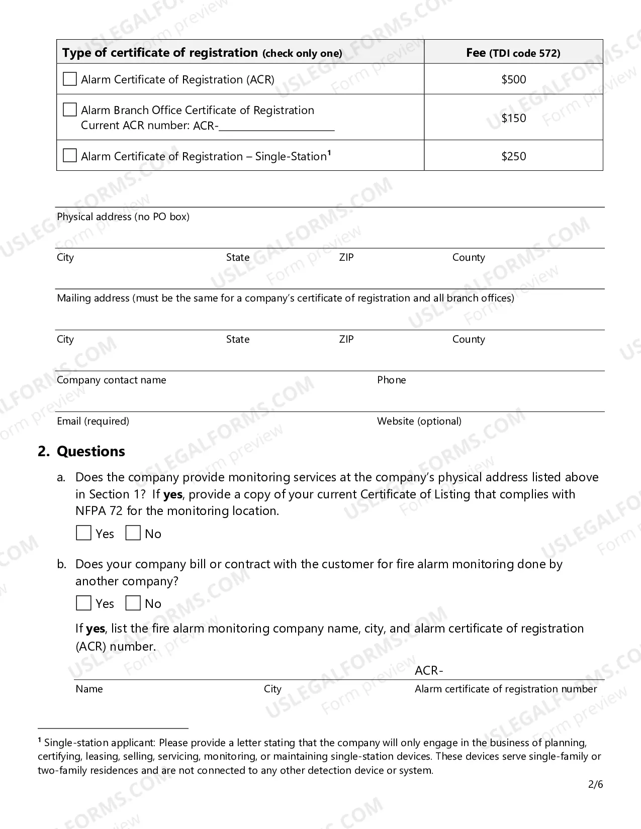 Preview Fire Alarm Certificate of Registration Application